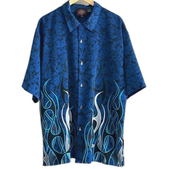 Dragonfly Roadhouse Blue Flames Shirt Guy Fieri Button Up Collared Top Sz XXL - Picture 1 of 8